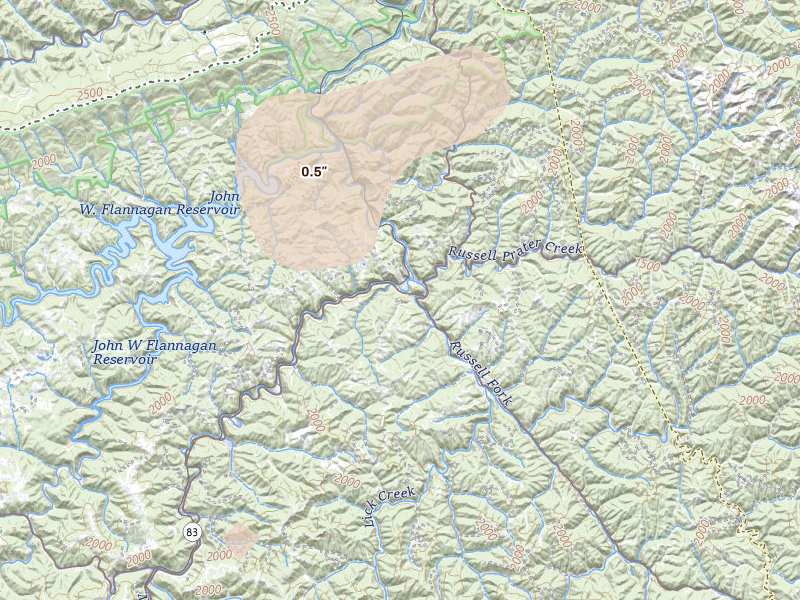 Radar-estimated hail-size map of the storm over Haysi, VA on Aug 4, 2026