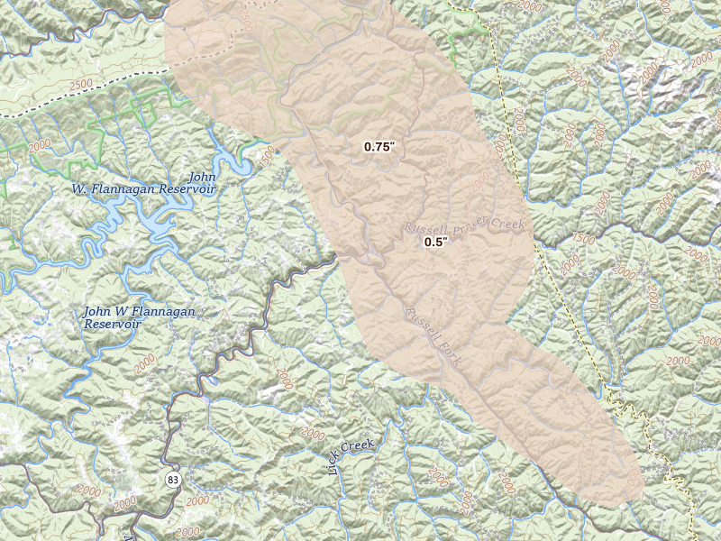Radar-estimated hail-size map of the storm over Haysi, VA on Sep 5, 2026