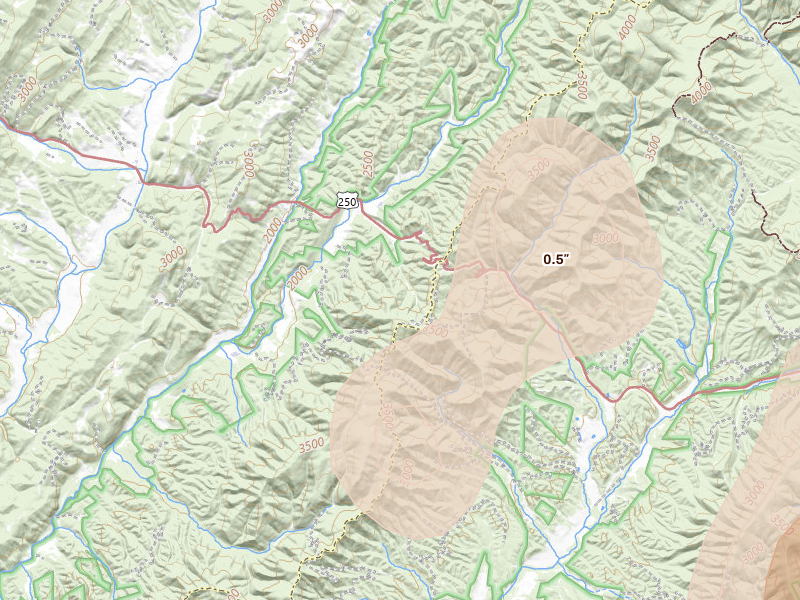 Radar-estimated hail-size map of the storm over Head Waters, VA on Jul 4, 2026