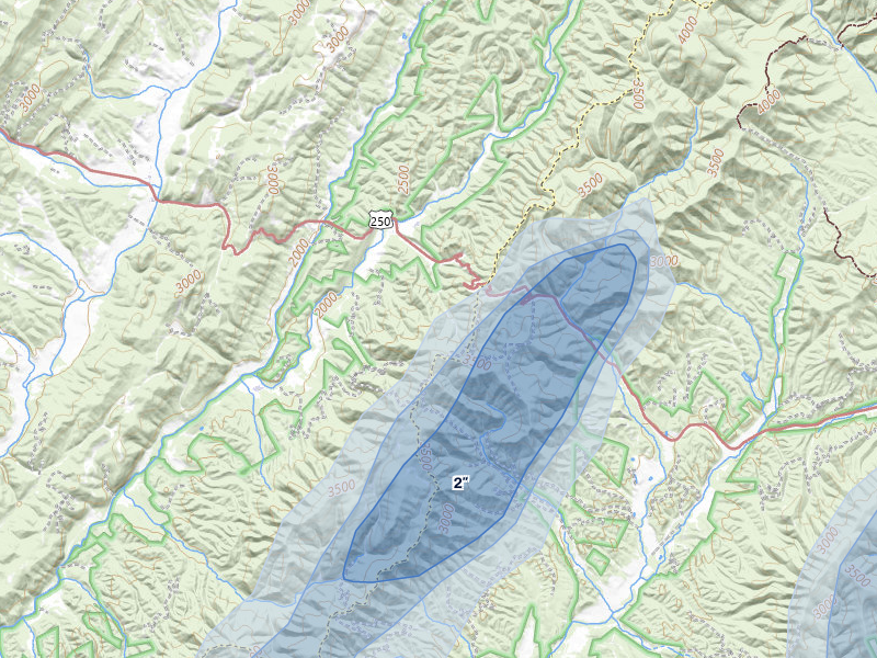 NEXRAD radar-signature map of the hail over Head Waters, VA