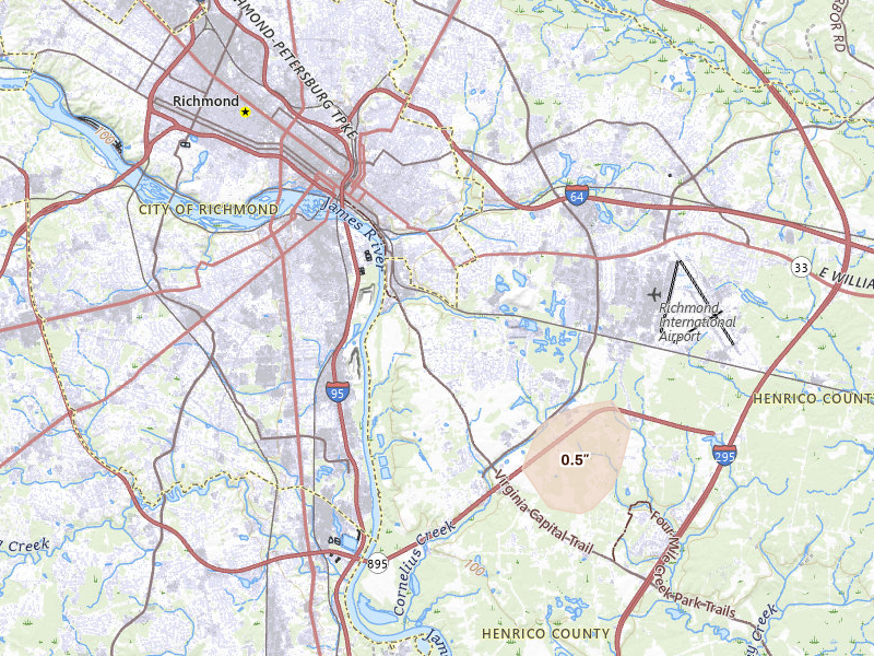 Radar-estimated hail-size map of the storm over Henrico, VA on Jul 18, 2026