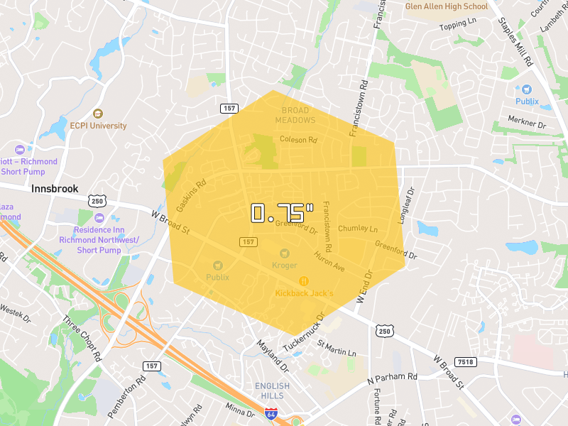 Hail map of Henrico, VA on Jul 21, 2026, hail up to 0.75"