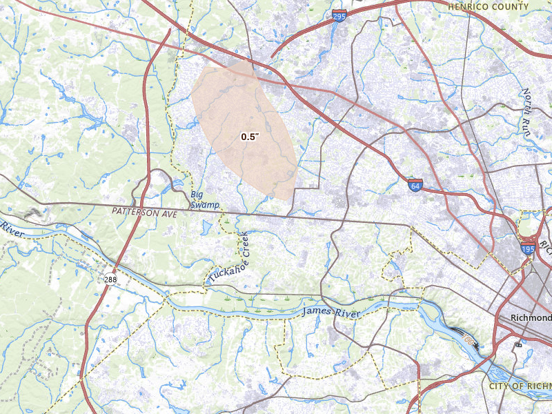 Radar-estimated hail-size map of the storm over Henrico, VA