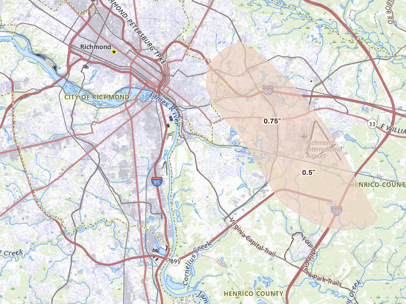 Radar-estimated hail-size map of the storm over Henrico, VA on Sep 4, 2026