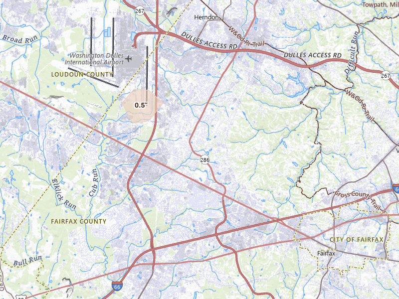 Radar-estimated hail-size map of the storm over Herndon, VA on Aug 10, 2026