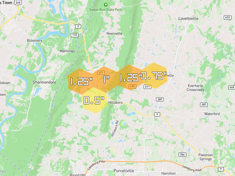 Hail map of Hillsboro, VA on Jul 4, 2026, hail up to 1.25"