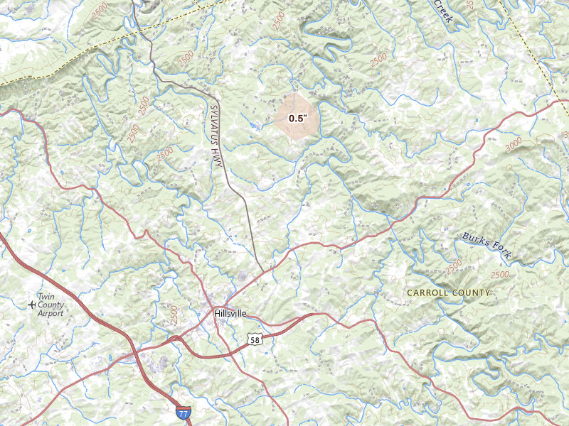 Radar-estimated hail-size map of the storm over Hillsville, VA on Jul 28, 2026