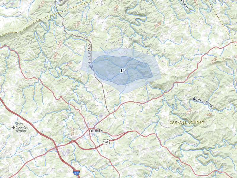 NEXRAD radar-signature map of the hail over Hillsville, VA