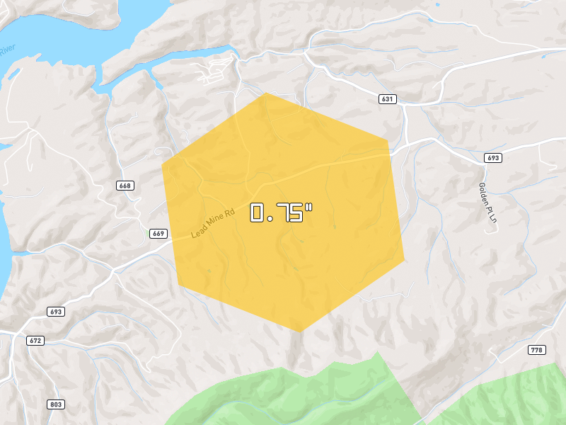 Hail map of Hiwassee, VA on Jul 28, 2026, hail up to 0.75"