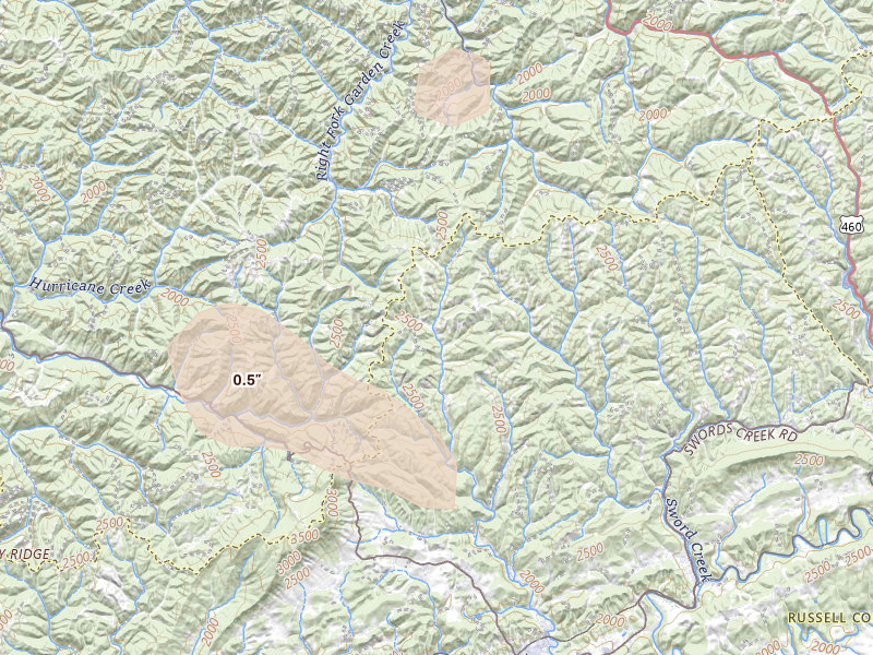 Radar-estimated hail-size map of the storm over Honaker, VA on Aug 11, 2026