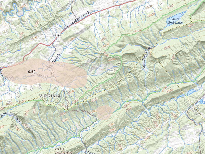 Radar-estimated hail-size map of the storm over Honaker, VA on Aug 22, 2026