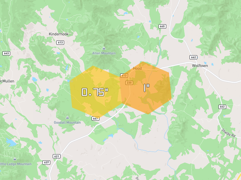 Hail map of Hood, VA on Jul 4, 2026, hail up to 1"