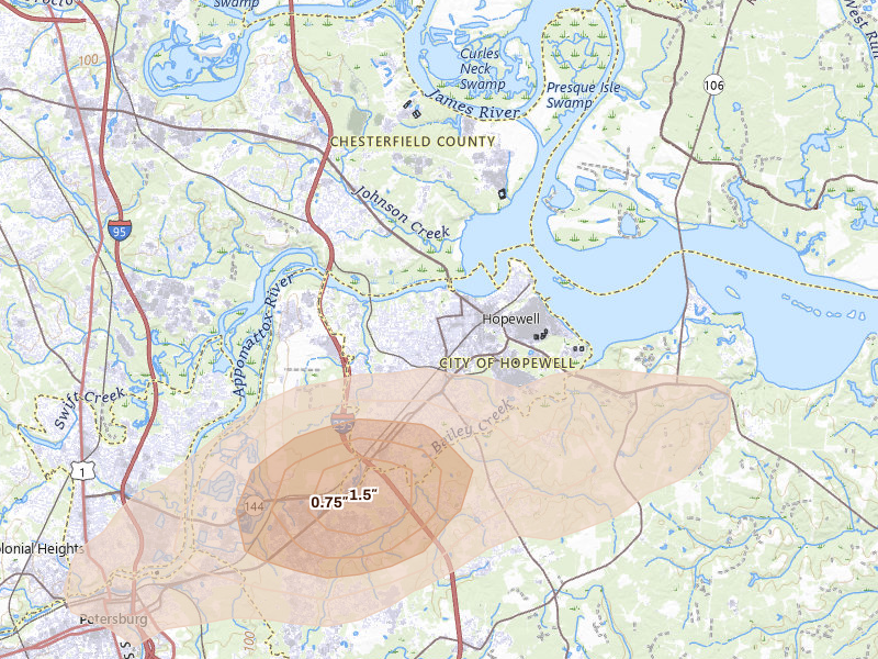 Radar-estimated hail-size map of the storm over Hopewell, VA