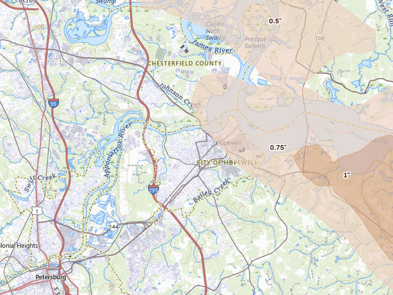 Radar-estimated hail-size map of the storm over Hopewell, VA on Jul 28, 2026