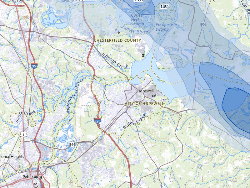 NEXRAD radar-signature map of the hail over Hopewell, VA