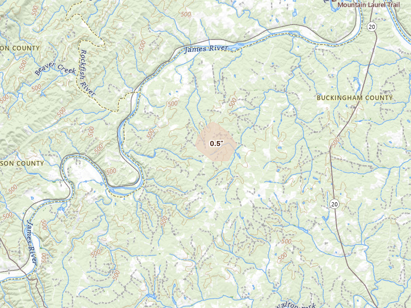 Radar-estimated hail-size map of the storm over Howardsville, VA on Jul 26, 2026