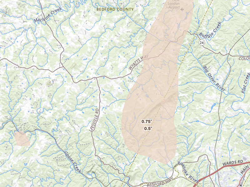 Radar-estimated hail-size map of the storm over Huddleston, VA on May 21, 2026