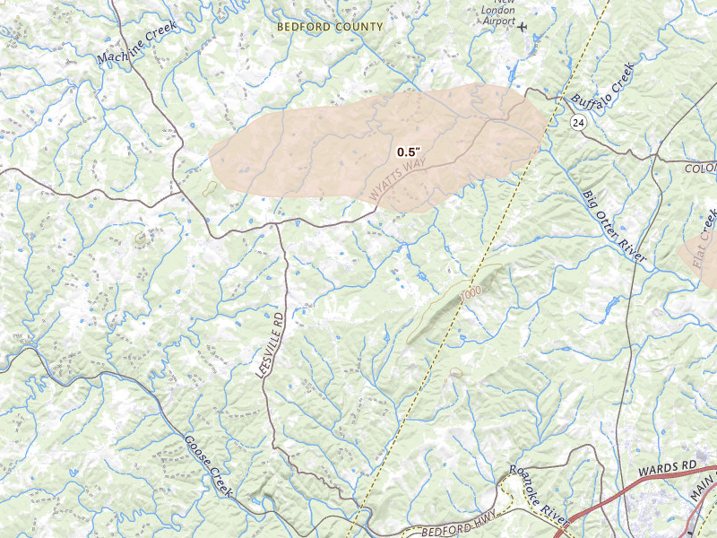 Radar-estimated hail-size map of the storm over Huddleston, VA on Jul 21, 2026