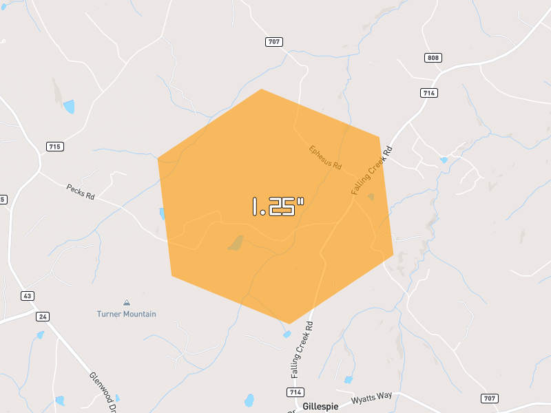 Hail map of Huddleston, VA on Jul 21, 2026, hail up to 1.25"