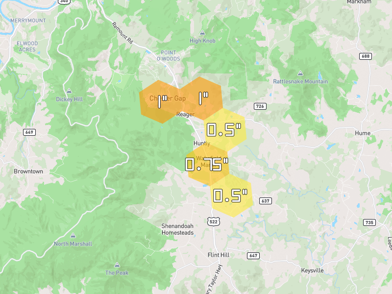 Hail map of Huntly, VA on Jul 28, 2026, hail up to 1"