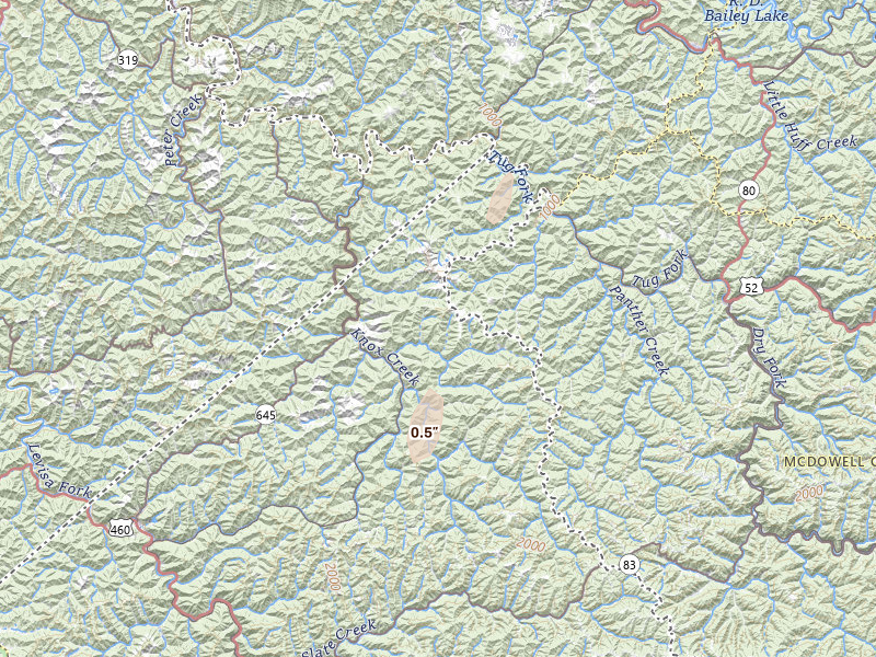 Radar-estimated hail-size map of the storm over Hurley, VA on Aug 2, 2026