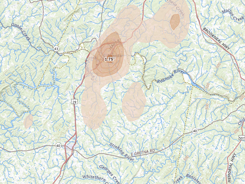 Radar-estimated hail-size map of the storm over Hurt, VA on Jul 4, 2026