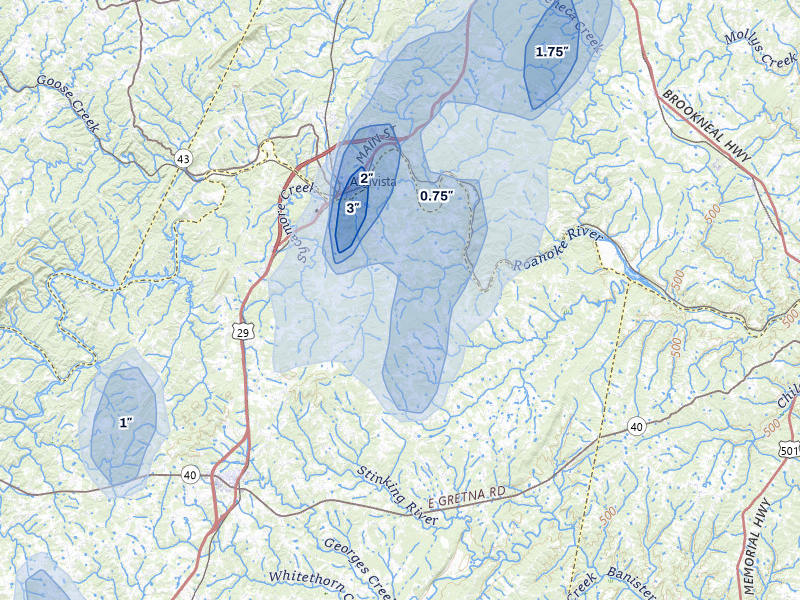 NEXRAD radar-signature map of the hail over Hurt, VA