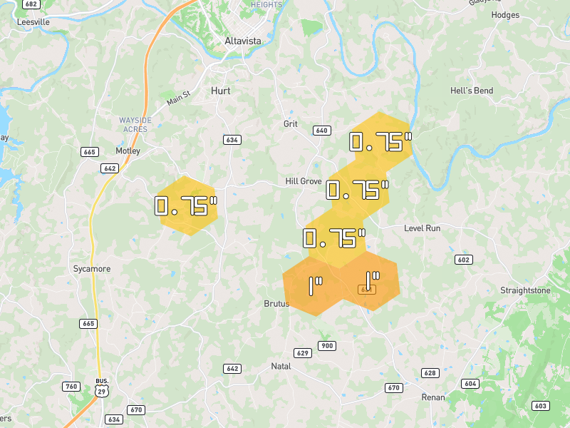 Hail map of Hurt, VA on Jul 4, 2026, hail up to 1"