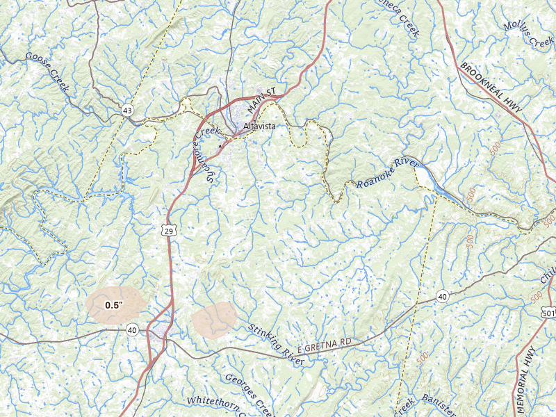 Radar-estimated hail-size map of the storm over Hurt, VA on Jul 26, 2026