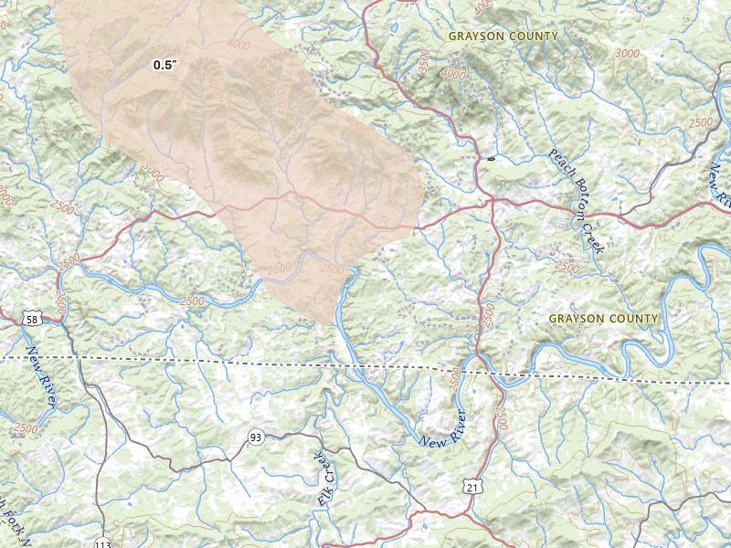 Radar-estimated hail-size map of the storm over Independence, VA on Jul 28, 2026