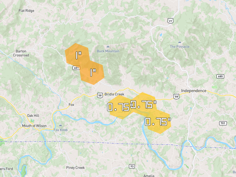 Hail map of Independence, VA on Jul 28, 2026, hail up to 1"