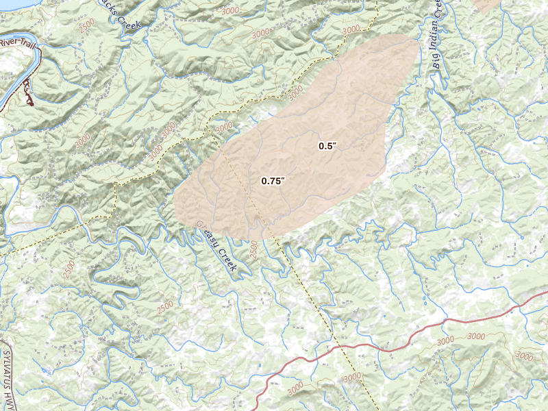 Radar-estimated hail-size map of the storm over Indian Valley, VA on Aug 22, 2026