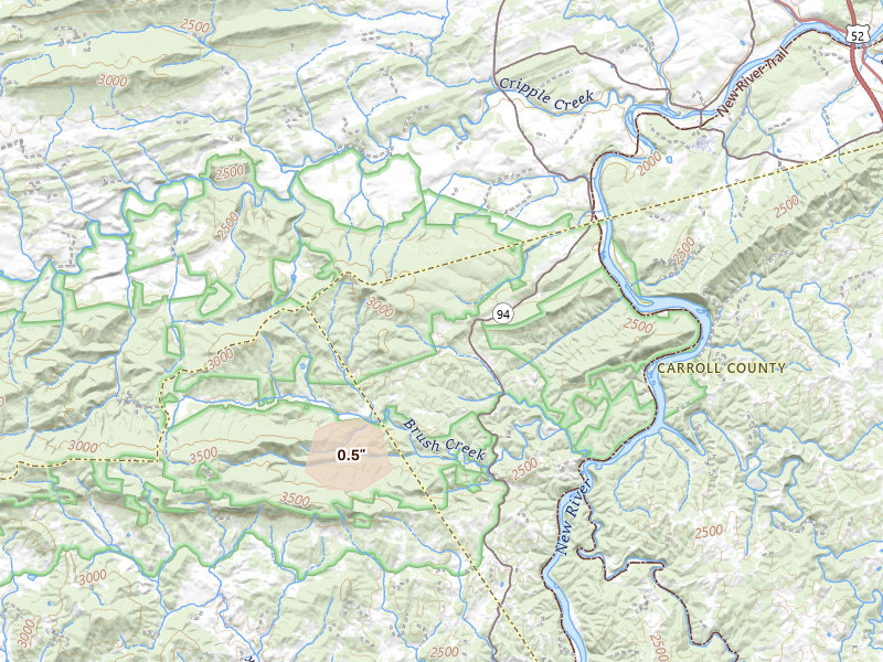 Radar-estimated hail-size map of the storm over Ivanhoe, VA on Aug 8, 2026