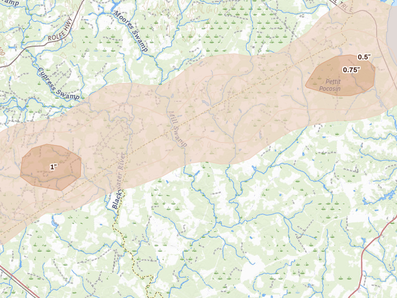 Radar-estimated hail-size map of the storm over Ivor, VA on Jun 23, 2026