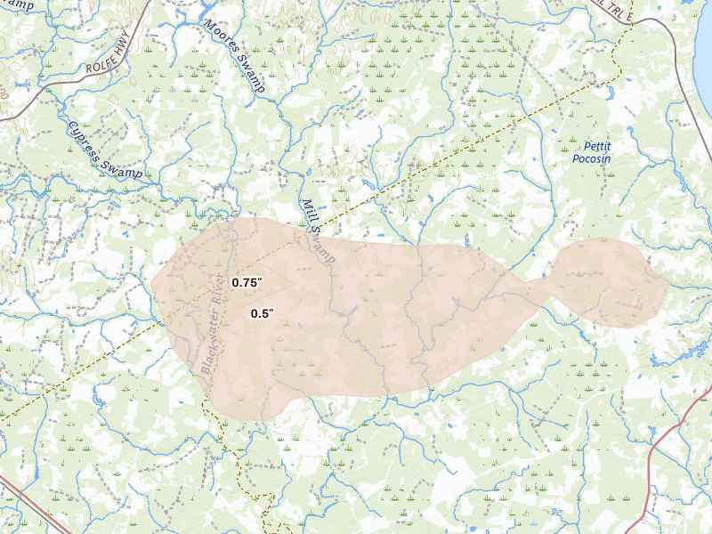 Radar-estimated hail-size map of the storm over Ivor, VA on Aug 10, 2026