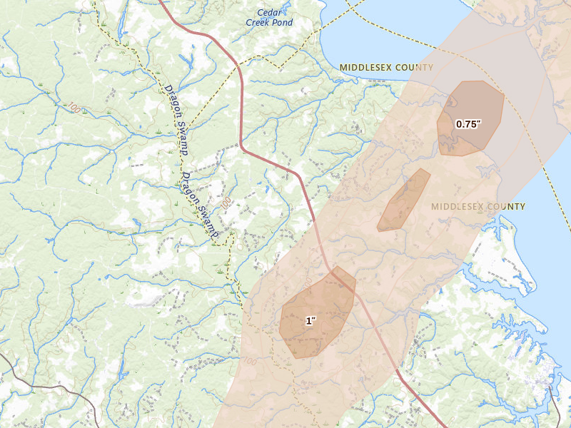 Radar-estimated hail-size map of the storm over Jamaica, VA on Jun 14, 2026