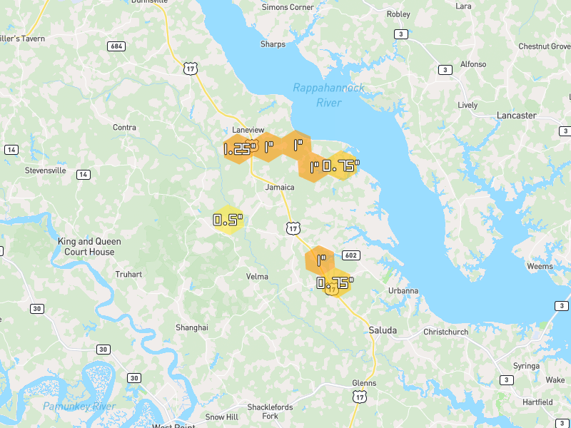 Hail map of Jamaica, VA on Jul 29, 2026, hail up to 1.25"