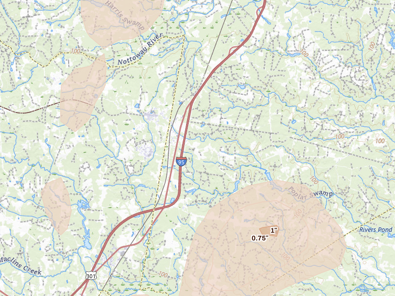Radar-estimated hail-size map of the storm over Jarratt, VA on Sep 2, 2026