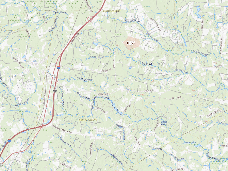 Radar-estimated hail-size map of the storm over Jarratt, VA on Sep 11, 2026