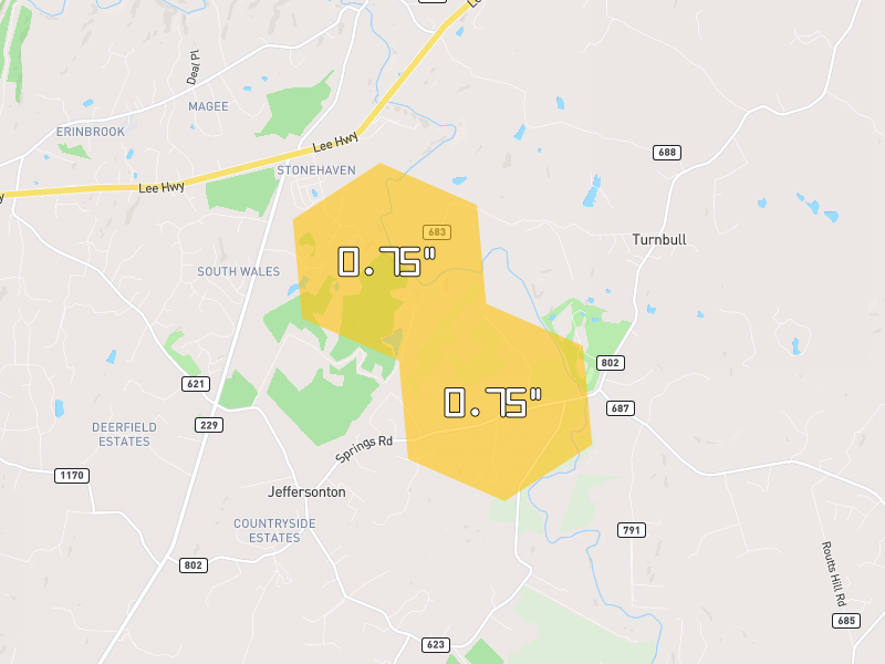 Hail map of Jeffersonton, VA on Jul 28, 2026, hail up to 0.75"