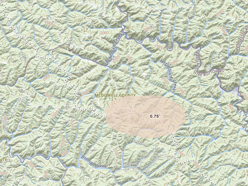 Radar-estimated hail-size map of the storm over Jewell Ridge, VA on Jun 12, 2026