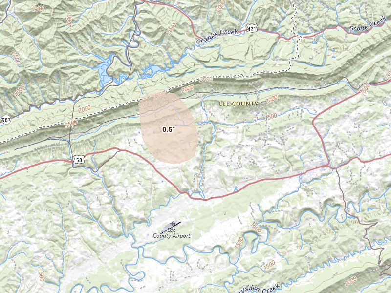 Radar-estimated hail-size map of the storm over Jonesville, VA on Jul 4, 2026