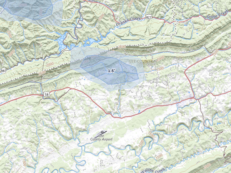 NEXRAD radar-signature map of the hail over Jonesville, VA