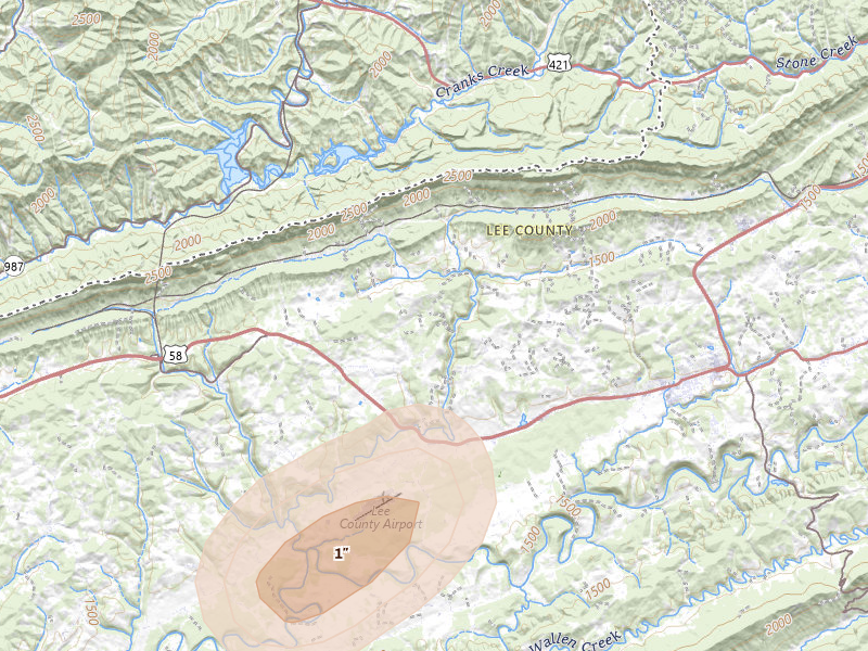 Radar-estimated hail-size map of the storm over Jonesville, VA on Jul 6, 2026