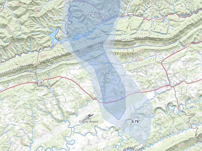 NEXRAD radar-signature map of the hail storm over Jonesville, VA on Jul 28, 2026