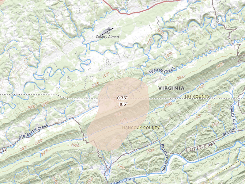 Radar-estimated hail-size map of the storm over Jonesville, VA on Sep 4, 2026