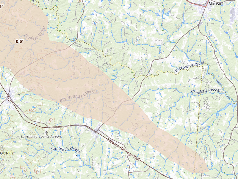 Radar-estimated hail-size map of the storm over Kenbridge, VA on May 27, 2026