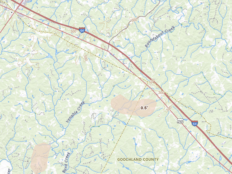 Radar-estimated hail-size map of the storm over Kents Store, VA on Jul 18, 2026