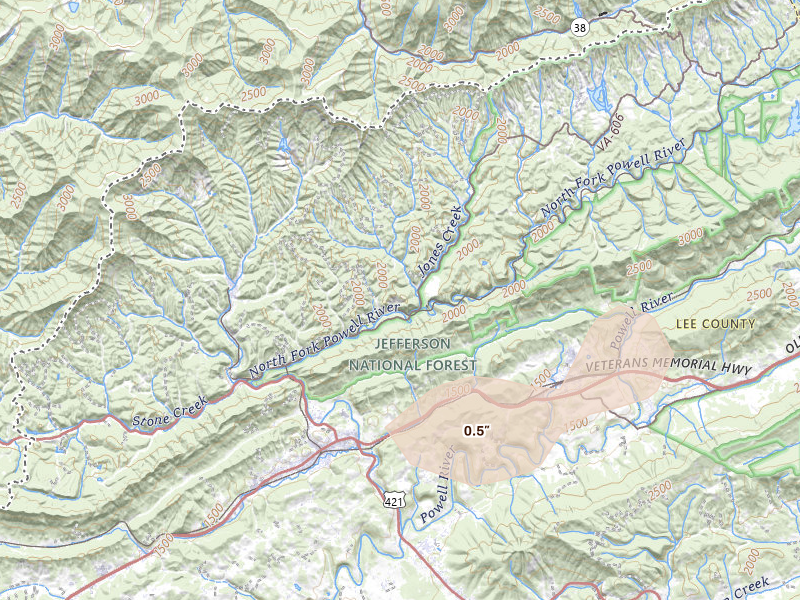 Radar-estimated hail-size map of the storm over Keokee, VA on Jun 18, 2026