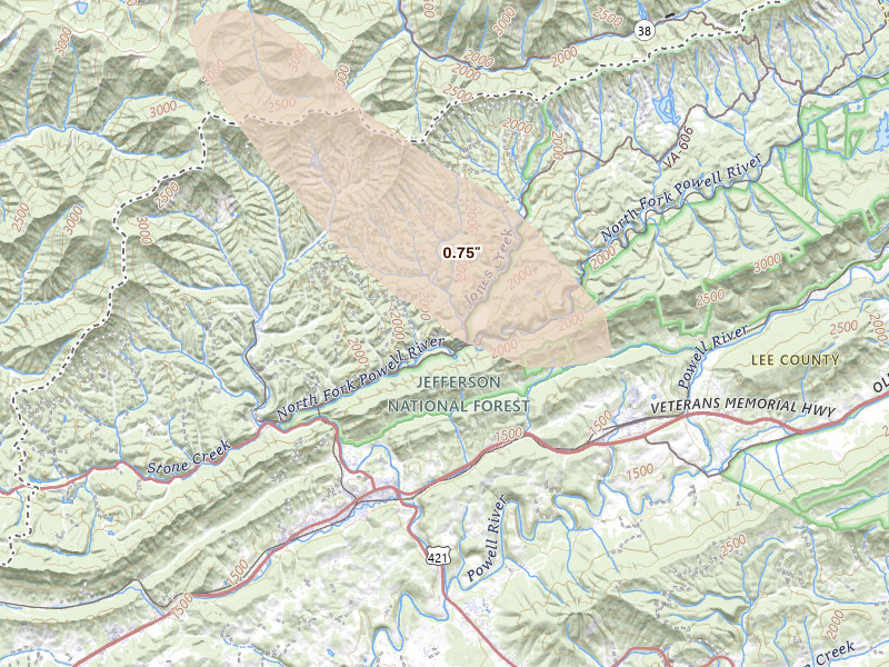 Radar-estimated hail-size map of the storm over Keokee, VA on Aug 22, 2026